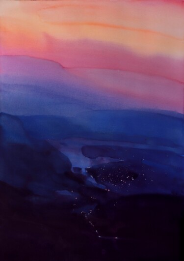 Malarstwo zatytułowany „Lake, lights and Tw…” autorstwa Prashant Prabhu, Oryginalna praca, Akwarela