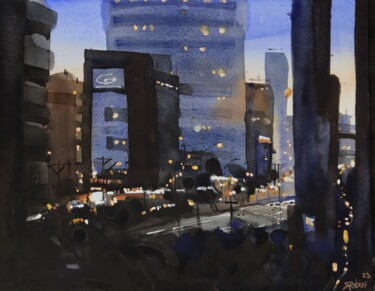 Painting titled "City lights" by Prashant Prabhu, Original Artwork, Watercolor