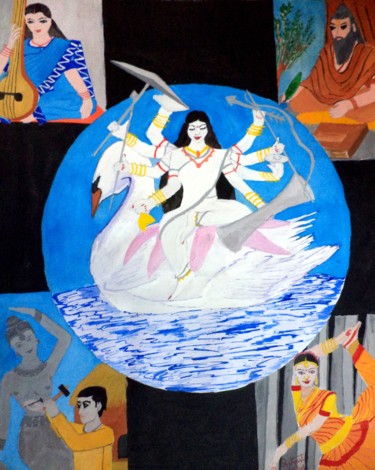 Painting titled "MahaSaraswati" by Pratyasha, Original Artwork, Oil