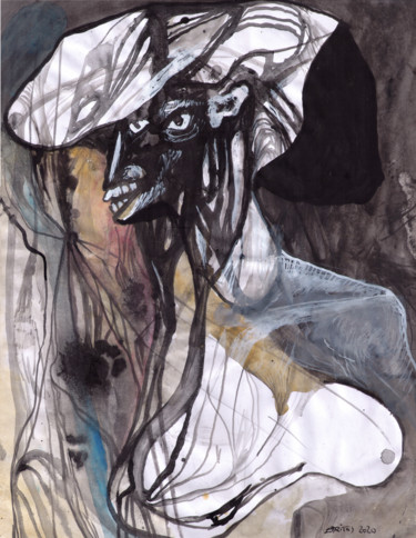 Drawing titled "Retrato con sombrero" by Juan Britos, Original Artwork, Ink