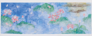 Malerei mit dem Titel "Kyokochi et le lotus" von Priscilla Moore, Original-Kunstwerk, Pigmente Auf Holzplatte montiert