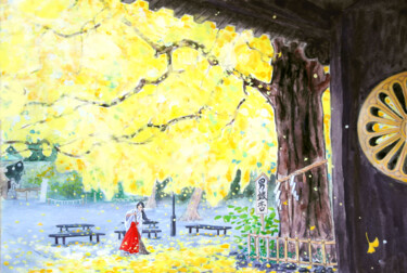 Pintura intitulada "Ginkgo tree at Omiy…" por Priscilla Moore, Obras de arte originais, Guache