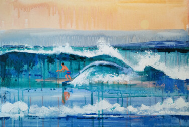 Painting titled "Surfing wave" by Ekaterina Prisich, Original Artwork, Acrylic Mounted on Wood Stretcher frame