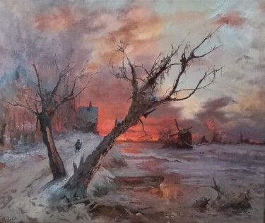 Painting titled "Winter landscape wi…" by Prokaj Dávid, Original Artwork, Oil