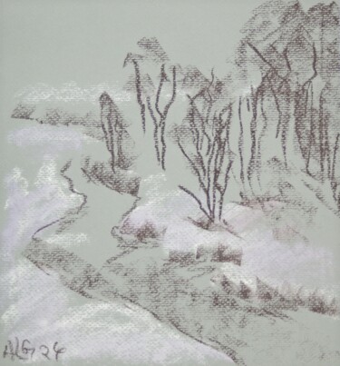 Drawing titled "Landschaft am Bach" by Prof. Andreas Loeschner-Gornau, Original Artwork, Chalk