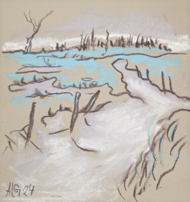 Drawing titled "Landschaft Moor" by Prof. Andreas Loeschner-Gornau, Original Artwork, Chalk