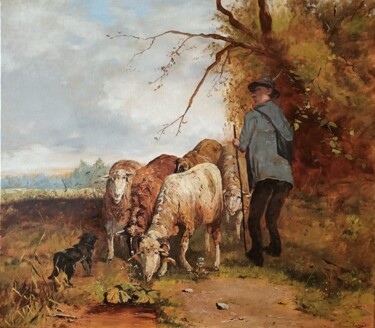 Pintura intitulada "Guarding sheep" por Prokaj Dávid, Obras de arte originais, Óleo
