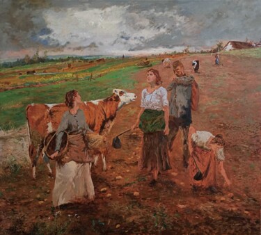 Painting titled "At the end of work" by Prokaj Dávid, Original Artwork, Oil