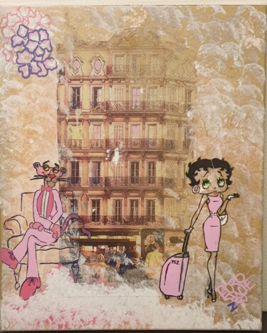 제목이 "Pink Hôtel"인 미술작품 Pszart로, 원작, 아크릴 나무 들것 프레임에 장착됨