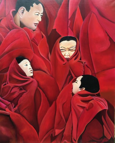 Painting titled "Moines au Tibet" by Sacha, Original Artwork, Oil Mounted on Wood Stretcher frame