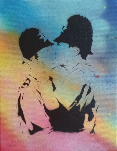 Pintura titulada "PyB police kiss ban…" por Pyb, Obra de arte original, Acrílico Montado en Bastidor de camilla de madera