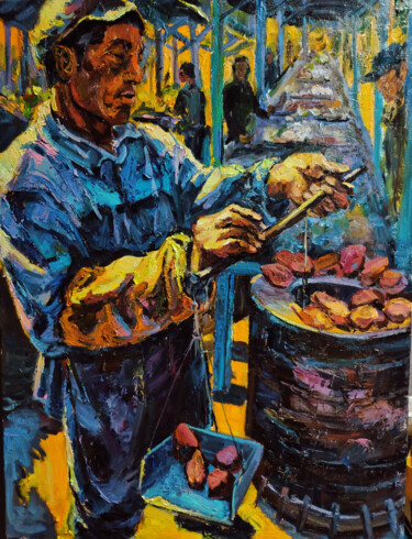 Painting titled "Man selling baked s…" by Qiuzi Zhang, Original Artwork, Acrylic