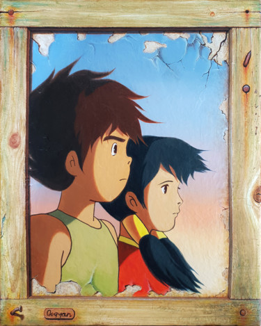 Schilderij getiteld "Conan et Lana" door Qoqyan, Origineel Kunstwerk, Olie Gemonteerd op Frame voor houten brancard