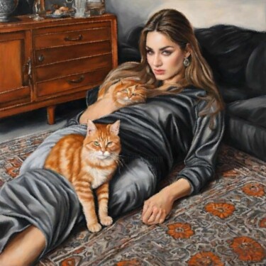 Schilderij getiteld "The Crazy Cat Lady" door Queennoble Dr. Elle Ramirez, Origineel Kunstwerk, Acryl