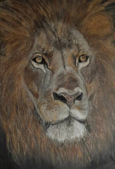 Schilderij getiteld "León Lion Portrait…" door Queennoble, Origineel Kunstwerk, Olie Gemonteerd op Houten paneel