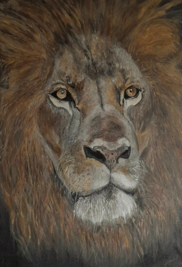 Painting titled "León Lion Portrait…" by Queennoble, Original Artwork, Oil Mounted on Wood Panel