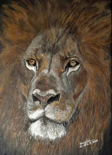 Painting titled "Lion #2" by Queennoble, Original Artwork, Oil Mounted on Wood Stretcher frame