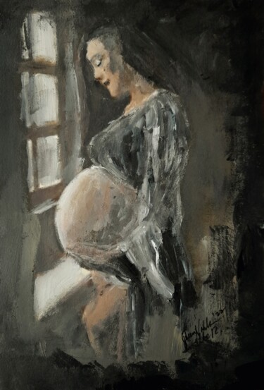 Pittura intitolato "Pregnancy Portrait…" da Queennoble, Opera d'arte originale, Acrilico Montato su Pannello di legno