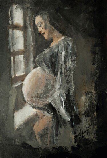 Painting titled "Pregnancy Portrait…" by Queennoble, Original Artwork, Acrylic Mounted on Wood Panel