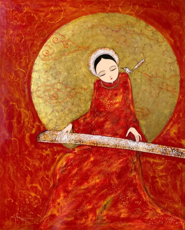 Ζωγραφική με τίτλο "Hoang Nguyệt ("Gold…" από Quoc Son Nguyen, Αυθεντικά έργα τέχνης, Βερνίκι
