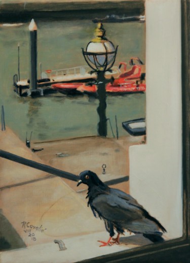 Painting titled "N°1057  Le pigeon t…" by R. Cavalié, Original Artwork, Oil