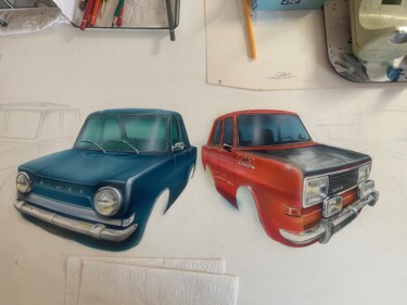 Painting titled "Collection SIMCA pr…" by Roger Dame, Original Artwork, Airbrush Mounted on Wood Stretcher frame