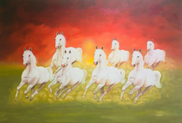 Pittura intitolato "Seven Horses" da Rajesh Sharma, Opera d'arte originale, Olio