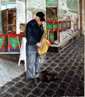 Pittura intitolato "Street Musician 3" da Raanan Spiro, Opera d'arte originale