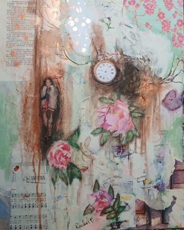 Painting titled "Le temps frivole" by Rachel Filiatrault, Original Artwork, Collages Mounted on Wood Stretcher frame