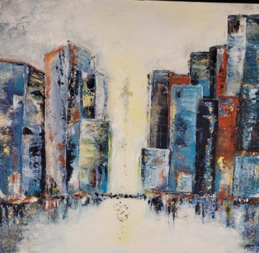 Painting titled "Blue Manhattan" by Rachel Saturnin Eparvier, Original Artwork, Acrylic
