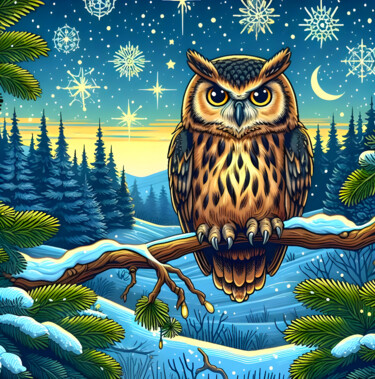 Grafika cyfrowa / sztuka generowana cyfrowo zatytułowany „Owl sits on spruce…” autorstwa Art$Art, Oryginalna praca, 2D praca…