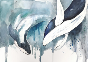 Malerei mit dem Titel "Whales" von Anna Radis (Anna Radis Art), Original-Kunstwerk, Aquarell