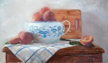 Peinture intitulée "Peaches in a porcel…" par Radosveta Zhelyazkova, Œuvre d'art originale, Huile
