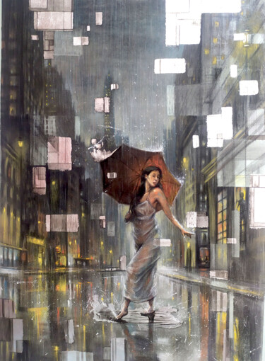 Dessin intitulée "Alice in the rain" par Rafael Pino Acosta, Œuvre d'art originale, Pastel