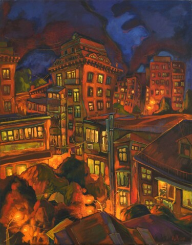 Painting titled "''City lights''" by Raffi Ghazaryan, Original Artwork, Oil Mounted on Wood Stretcher frame