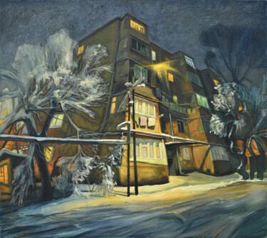 Painting titled "''Night''," by Raffi Ghazaryan, Original Artwork, Oil Mounted on Wood Stretcher frame