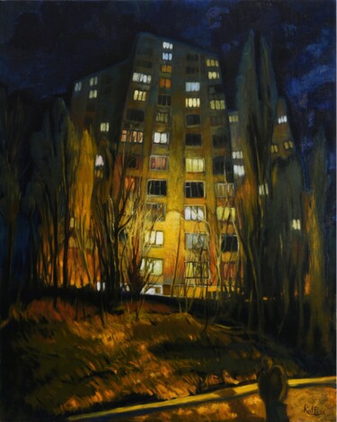 Painting titled "''Night mood'''" by Raffi Ghazaryan, Original Artwork, Oil Mounted on Wood Stretcher frame