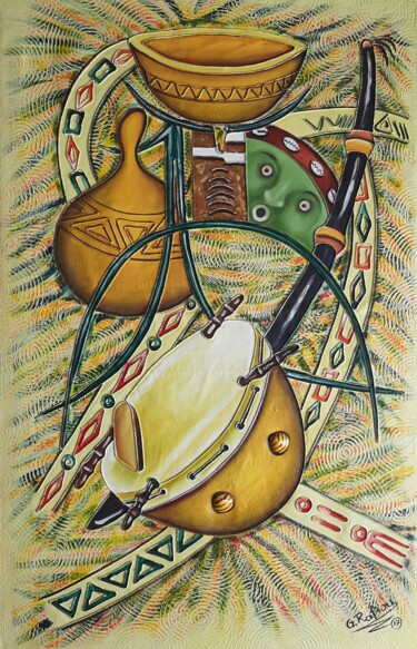 Malerei mit dem Titel "Le griot" von G. Rafiou (Nom D'Artiste), Original-Kunstwerk, Acryl