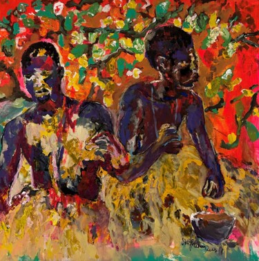 Painting titled "Libations sur l'her…" by Rafiy Okefolahan, Original Artwork, Acrylic