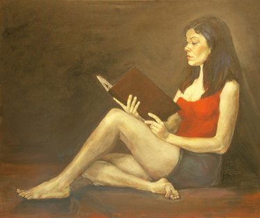Painting titled "Reading Woman" by Raija Merilä, Original Artwork, Oil