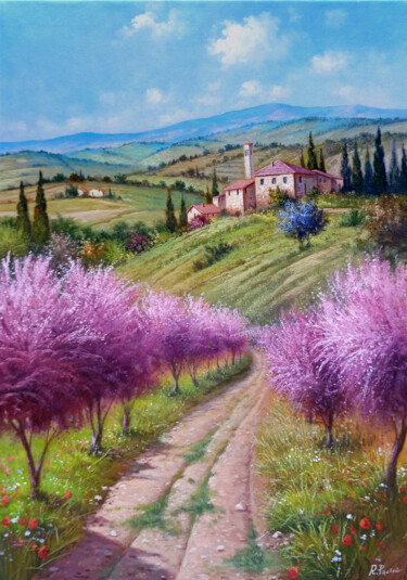 Ζωγραφική με τίτλο "Path between peach…" από Raimondo Pacini, Αυθεντικά έργα τέχνης, Λάδι Τοποθετήθηκε στο Ξύλινο φορείο σκε…