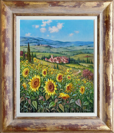 Painting titled "The sunflowers vall…" by Raimondo Pacini, Original Artwork, Oil Mounted on Wood Stretcher frame