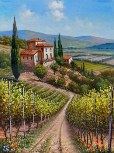 Painting titled "The hill of vineyar…" by Raimondo Pacini, Original Artwork, Oil Mounted on Wood Stretcher frame