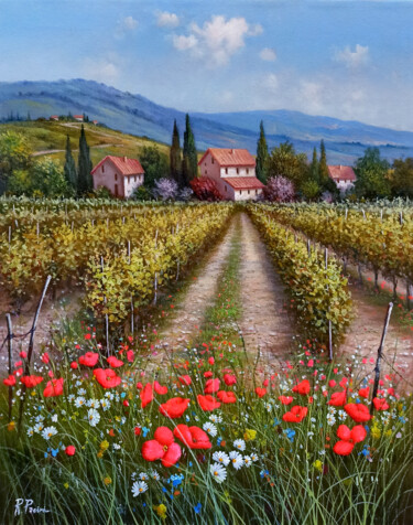 Painting titled "Field of flowers un…" by Raimondo Pacini, Original Artwork, Oil Mounted on Wood Stretcher frame