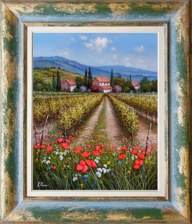 Painting titled "Flowers field under…" by Raimondo Pacini, Original Artwork, Oil Mounted on Wood Stretcher frame