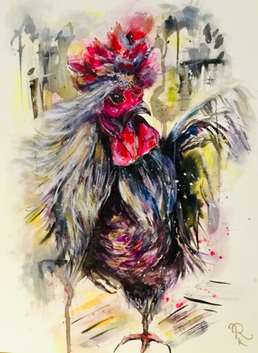 Pintura intitulada "Silver rooster" por Raissa Kagan, Obras de arte originais, Aquarela