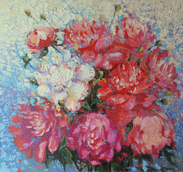 Painting titled "Peonies Giving Happ…" by Rakhmet Redzhepov, Original Artwork, Acrylic Mounted on Wood Stretcher frame