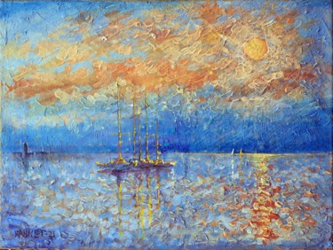 Schilderij getiteld "Evening Sea" door Rakhmet Redzhepov, Origineel Kunstwerk, Acryl Gemonteerd op Frame voor houten brancard