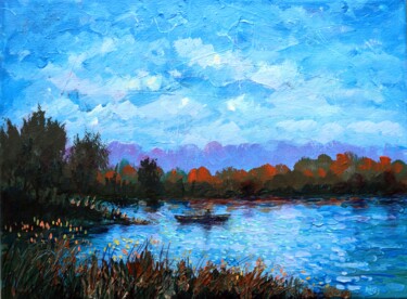 제목이 "Fisherman and Pond"인 미술작품 Rakhmet Redzhepov로, 원작, 기름 나무 들것 프레임에 장착됨
