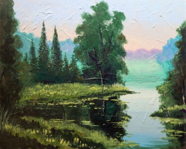 Schilderij getiteld "Forest Lake" door Rakhmet Redzhepov, Origineel Kunstwerk, Olie Gemonteerd op Karton
